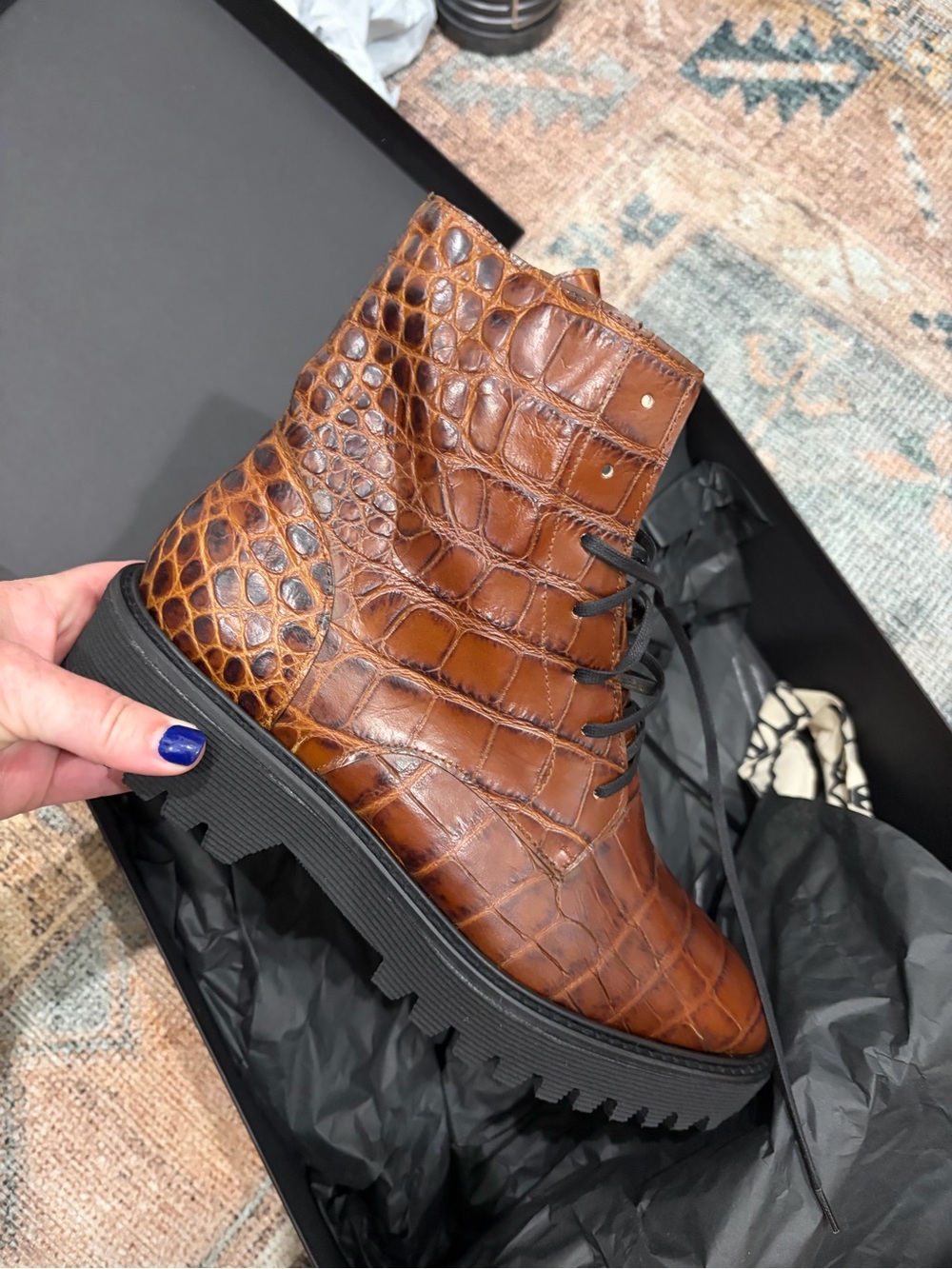 Freda Salvador Emi Mocha Embossed Croc Embossed Leather Lace-Up Boots - Picture 2 of 7
